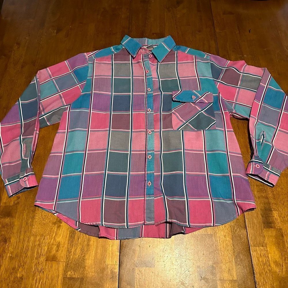 Vintage Wrangler Girls Sz 12 Pink Teal Plaid Button Up Shirt Western Cotton USA